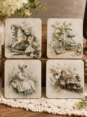 Hand Crafted Vintage Toy Coaster Set in Cream and Brown